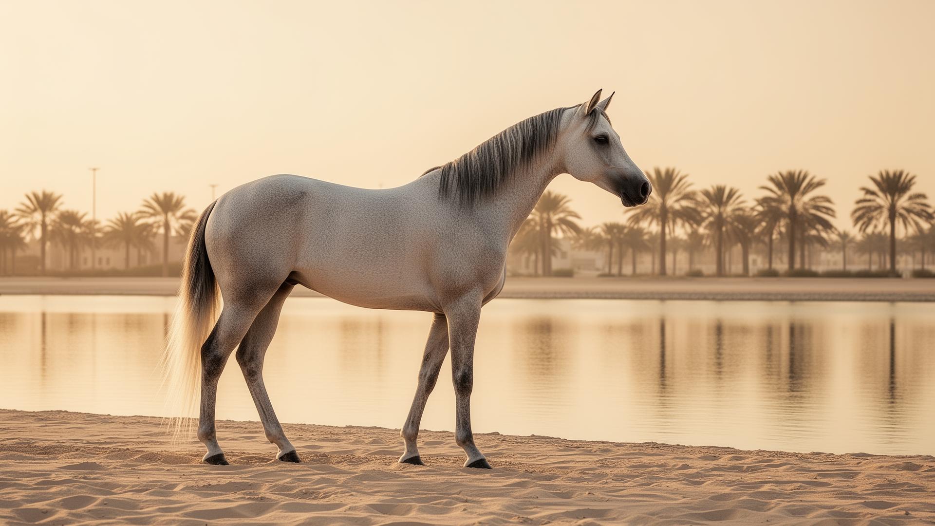 Arabian horse on the Abu Dhabi waterfront at golden hour